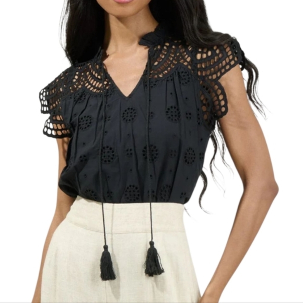 Jennifer Grace Black Lace Yoke Eyelet Women's Peasant Blouse Top Plus Size 2X